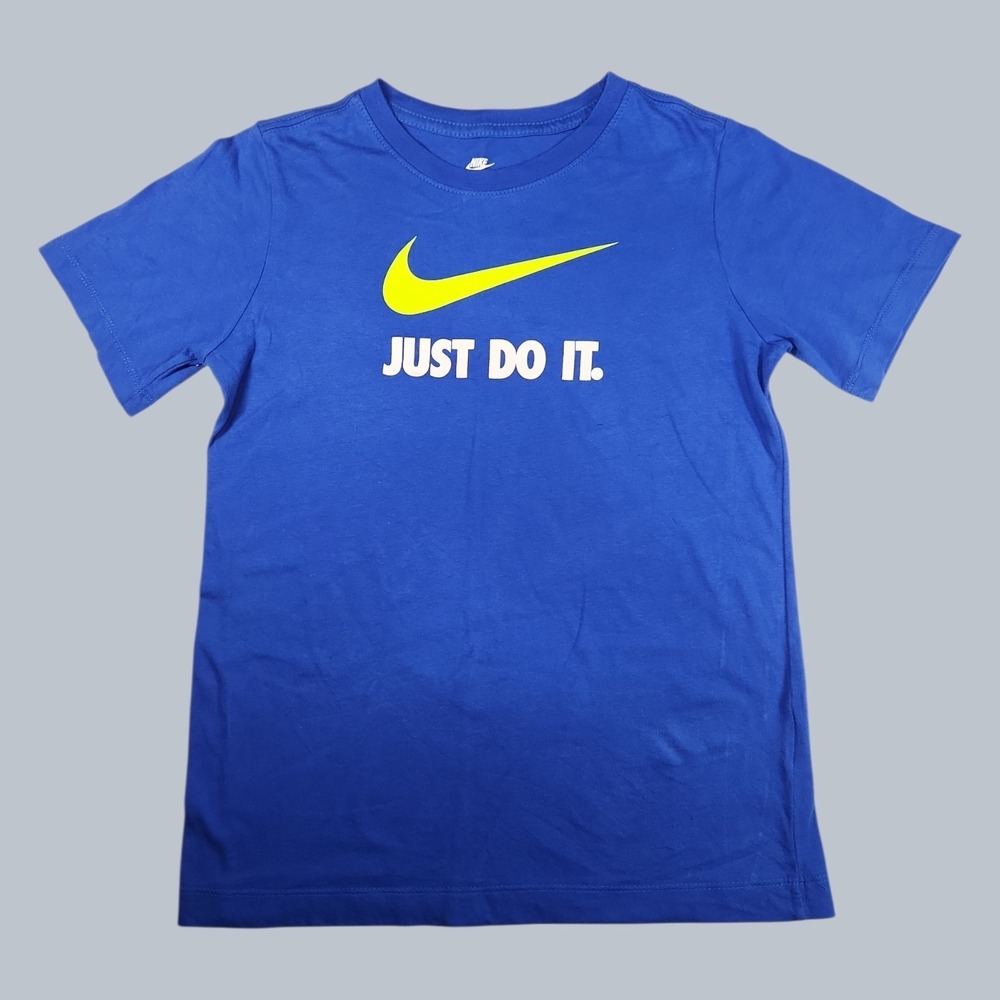 Nike Boys Just Do It T Shirt Size L Large Blue Volt Yellow Swoosh Graphic Tee